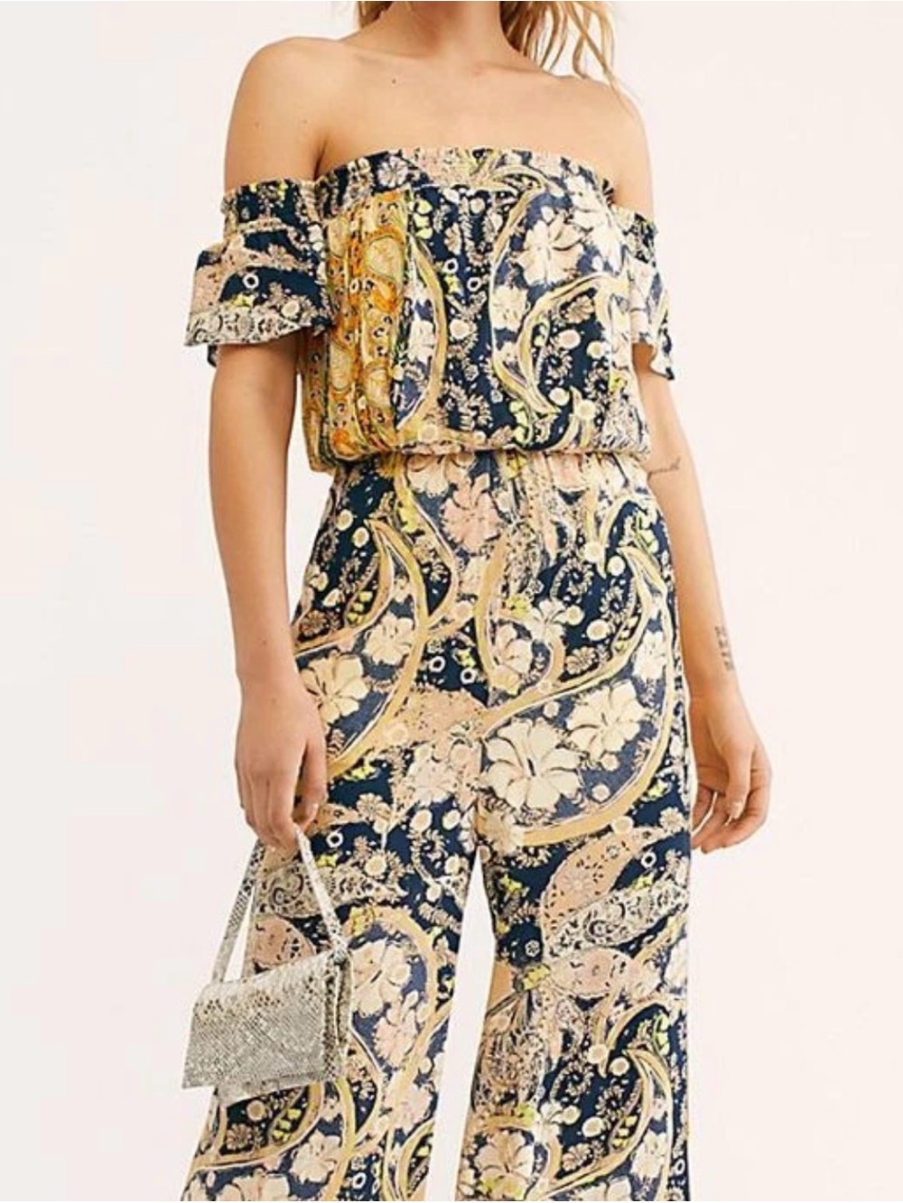 Free People Navy and Cream Off-Shoulder Paisley Jumpsuit